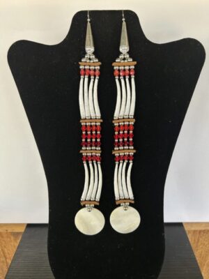Dentalium - Red 2 Tear Disk Long Song Earrings