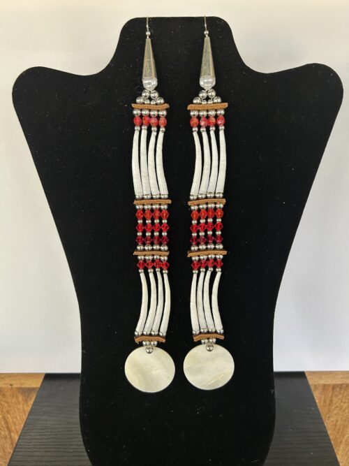 Dentalium - Red 2 Tear Disk Long Song Earrings