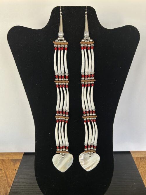 Dentalium - Red 3 Tear Heart Song 1 Earrings