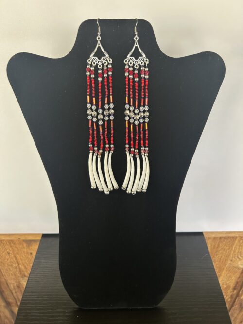 Dentalium - Red 3 Tear Rain Earrings