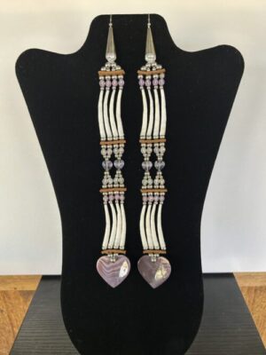 Dentalium - Wampum 2 Tear Purple Glass Heart Song Earrings