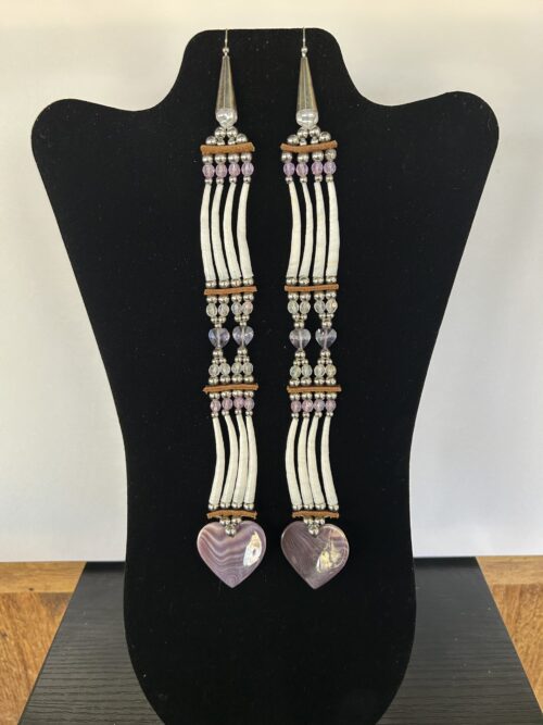 Dentalium - Wampum 2 Tear Purple Glass Heart Song Earrings