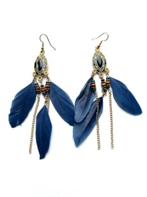 Navy Gold Chain Song Feather Earrings