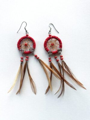 Small Red Feather Dreamcatcher Earrings