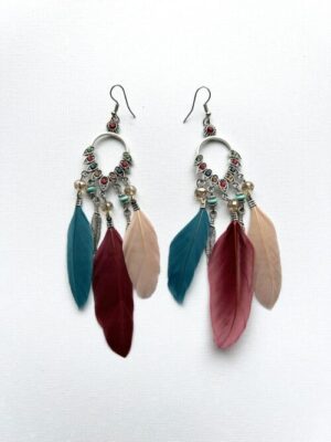 Teal Red Wine Pink Feather Song Earrings