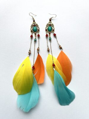 Yellow Orange Red Blue Long Sonnet Feather Earrings