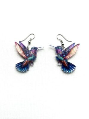 Acrylic Peach Blue Teal Hummingbird Hook Earrings