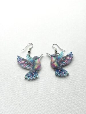 Acrylic Pink Blue Hummingbird Hook Earrings