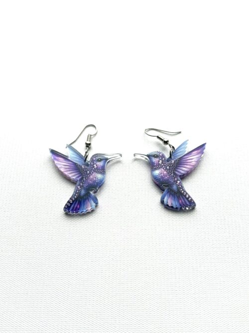 Acrylic Purple Blue Hummingbird Hook Earrings