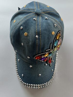 Denim Cap with Side Jewel Butterfly