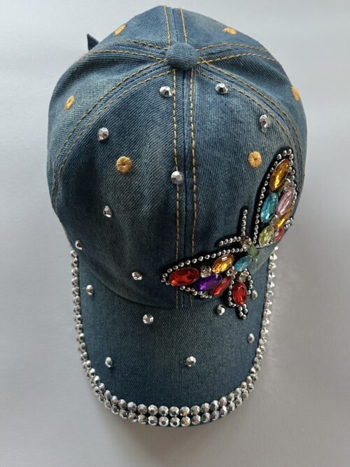 Denim Cap with Side Jewel Butterfly
