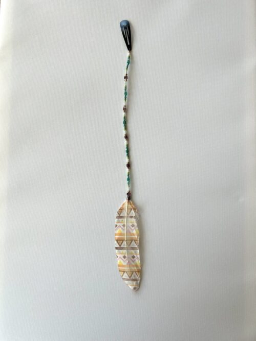 Green Whisper with Brown & Green Cube Beads and Gold Beads with Painted Feather Hair Clip