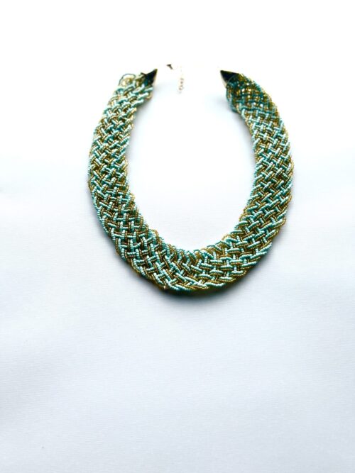 Light Blue and Gold Woven Beaded Collar Choker