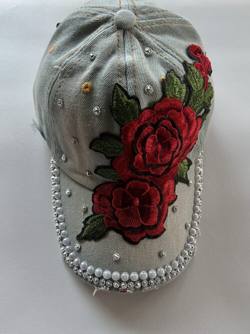 Light Denim Cap with Red Embroidered Roses