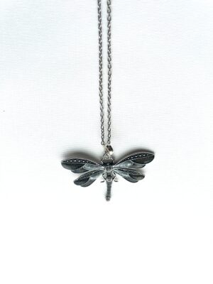 Silver Gray 2 Wing Studs Dragonfly Necklace