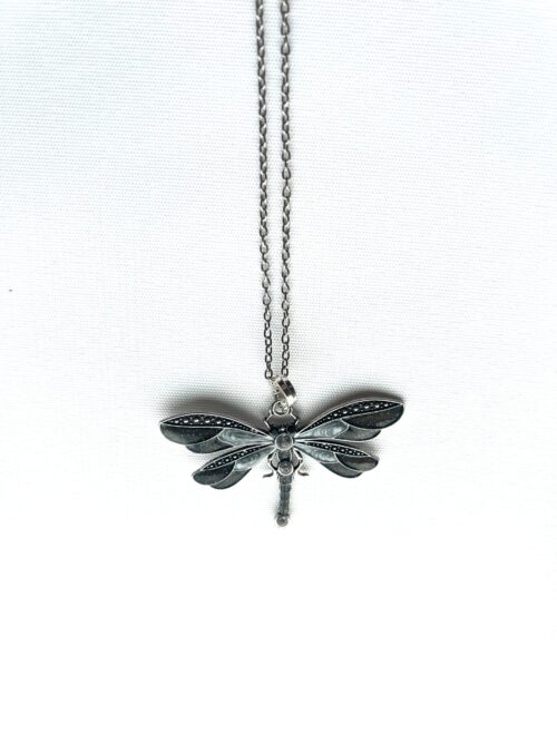 Silver Gray 2 Wing Studs Dragonfly Necklace
