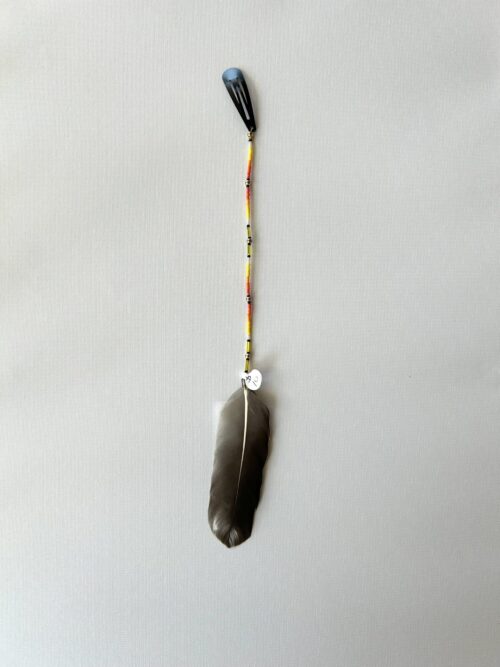 Two Orange Whispers with Gold Black Silver Tube Beads and Natural Feather Hair Clip