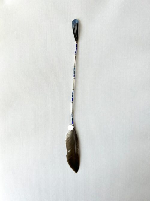 Cobalt Blue and Silver Tube Beads with Natural Feather Hair Clip